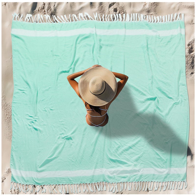 Vikumond Oversized Turkish Beach Towel Blanket XXL Cotton Sandproof Towels Boho Woven Extra Large Big Sand Free Giant Throw Blankets Huge Quilt XL Picnic Camping Necessities Cloud For Adult Gifts Aqua - Image 1